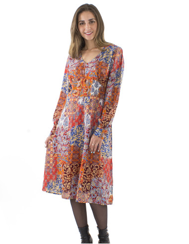 Polyester long sleeves dress with linen and Arta print