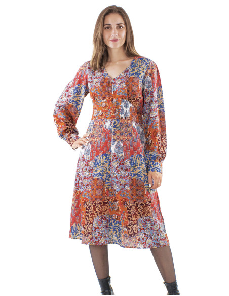 Polyester long sleeves dress with linen and Arta print