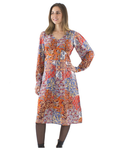 Polyester long sleeves dress with linen and Arta print