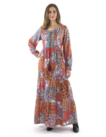 Polyester long sleeves dress with linen and Arta print (embroidered collar)