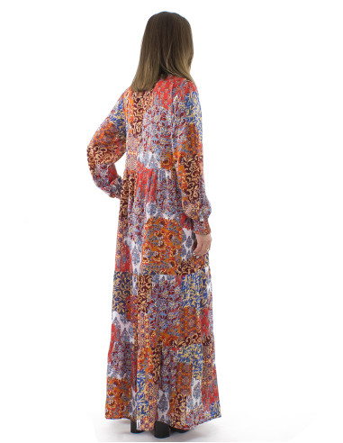 Polyester long sleeves dress with linen and Arta print (embroidered collar)