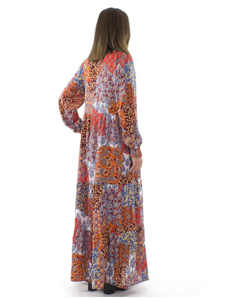 Polyester long sleeves dress with linen and Arta print (embroidered collar)