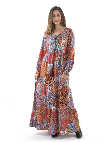 Polyester long sleeves dress with linen and Arta print (embroidered collar)