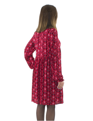 Viscose crepe fushia tunic with long sleeves and Ikat print