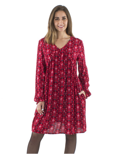 Viscose crepe fushia tunic with long sleeves and Ikat print