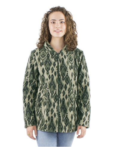 Knitted polar polyester long jacket with hood and Lovina print