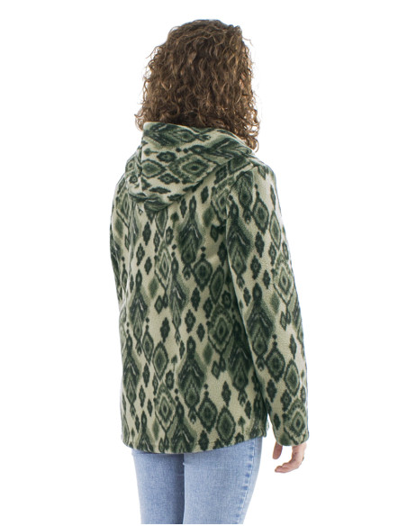 Knitted polar polyester long jacket with hood and Lovina print