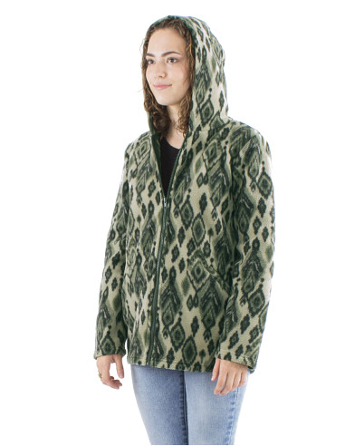 Knitted polar polyester long jacket with hood and Lovina print