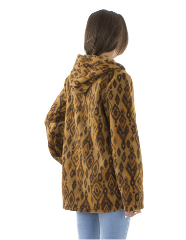 Knitted polar polyester long jacket with hood and Lovina print