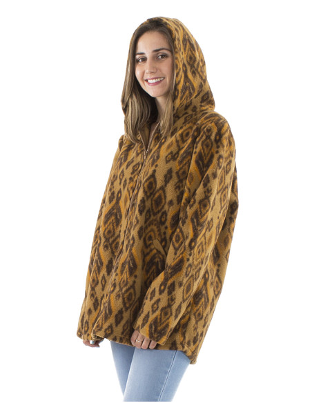 Knitted polar polyester long jacket with hood and Lovina print