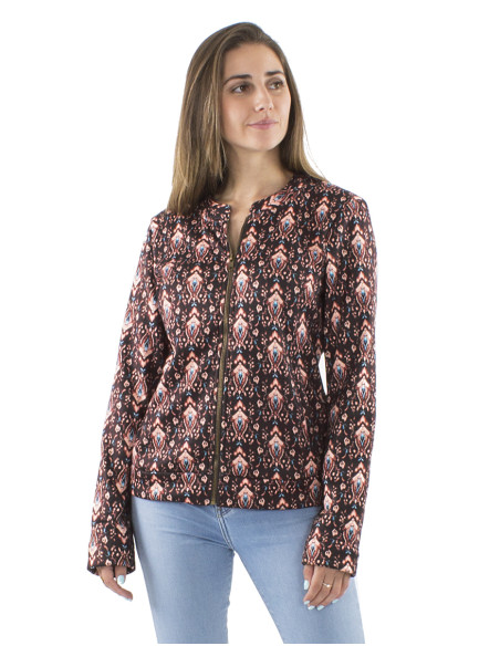 Knitted 95% Polyester 5% Elastane jacket with fur and Ikat print