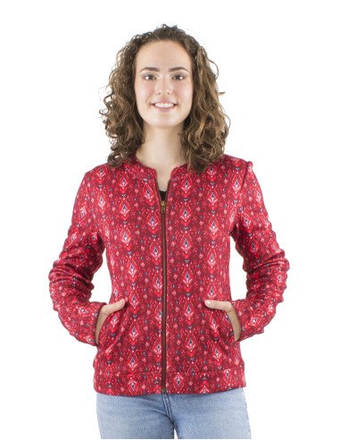 Knitted 95% Polyester 5% Elastane jacket with fur and Ikat print