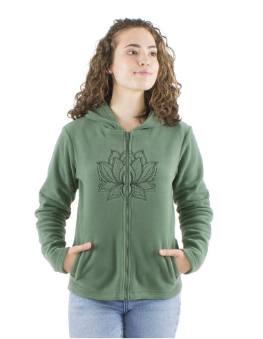 Knitted polar polyester jacket with hood and embroidery rosace