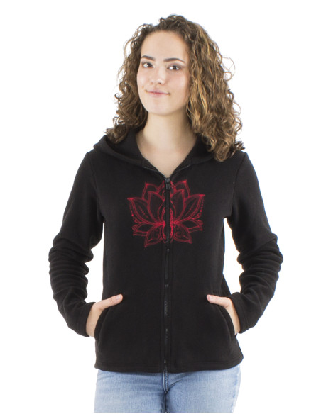 Knitted polar polyester jacket with hood and embroidery rosace