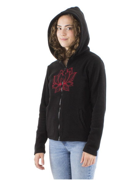 Knitted polar polyester jacket with hood and embroidery rosace