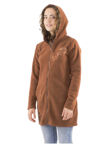 Knitted polar polyester long jacket with hood and embroidery flowers
