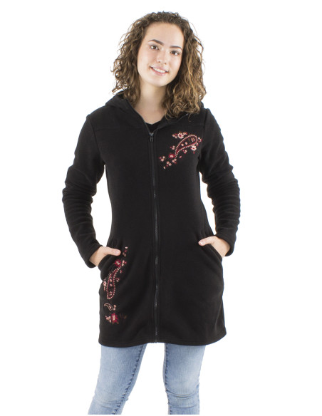 Knitted polar polyester long jacket with hood and embroidery flowers