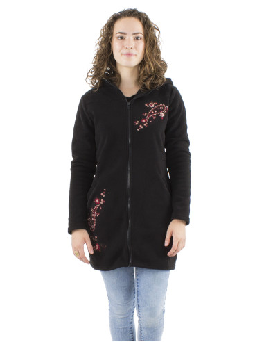 Knitted polar polyester long jacket with hood and embroidery flowers