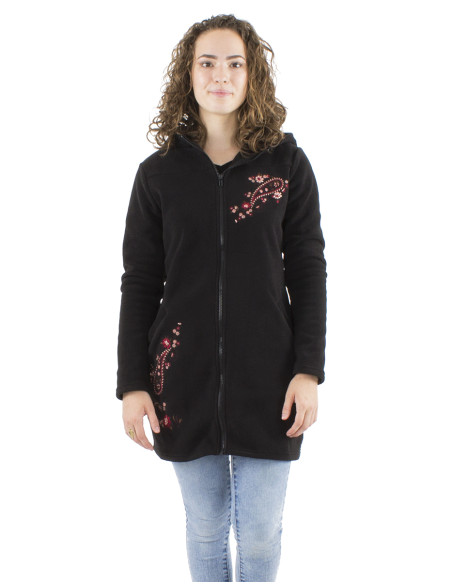 Knitted polar polyester long jacket with hood and embroidery flowers