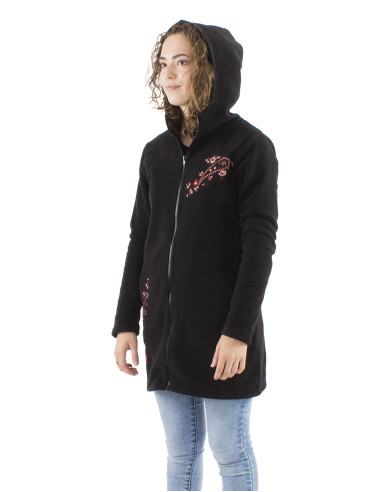 Knitted polar polyester long jacket with hood and embroidery flowers