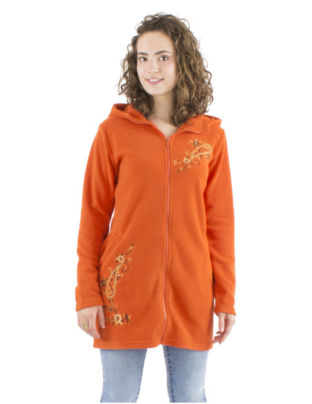 Knitted polar polyester long jacket with hood and embroidery flowers