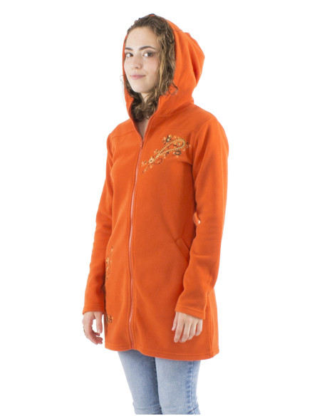 Knitted polar polyester long jacket with hood and embroidery flowers