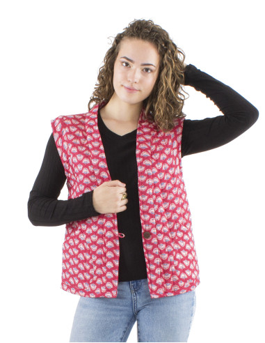 Polyester sleeveless quilted jacket with button and Oriental print
