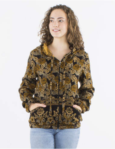 Acrylic Jacquart jacket with zip and roses