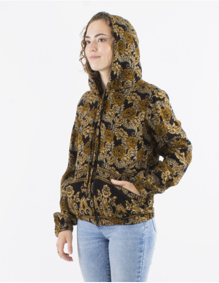 Acrylic Jacquart jacket with zip and roses