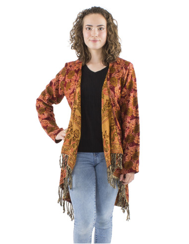 Veste acrylique croisée franges Jacquart roses