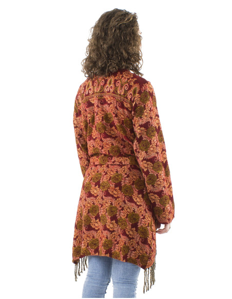 Veste acrylique croisée franges Jacquart roses