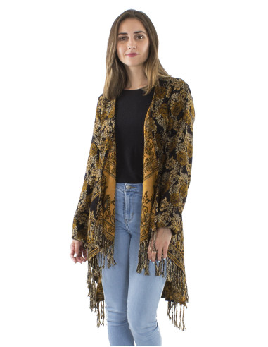 Veste acrylique croisée franges Jacquart roses