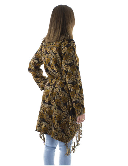 Veste acrylique croisée franges Jacquart roses