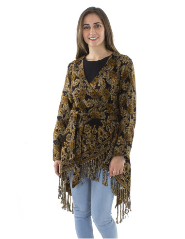 Veste acrylique croisée franges Jacquart roses