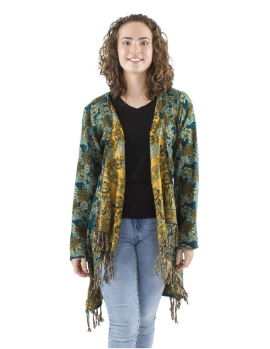 Veste acrylique croisée franges Jacquart roses