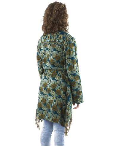 Veste acrylique croisée franges Jacquart roses