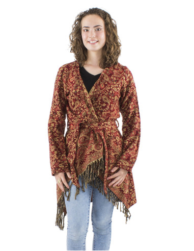 Acrylic breasted and fringed Jacquart jacket with Cachemire print