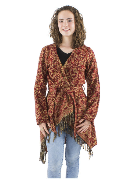 Acrylic breasted and fringed Jacquart jacket with Cachemire print