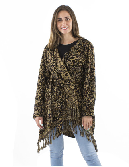 Acrylic breasted and fringed Jacquart jacket with Cachemire print