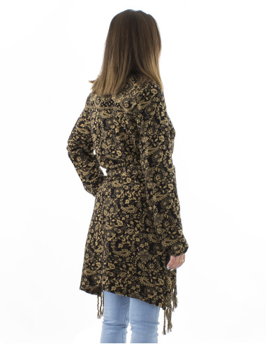 Acrylic breasted and fringed Jacquart jacket with Cachemire print