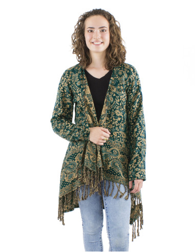 Acrylic breasted and fringed Jacquart jacket with Cachemire print