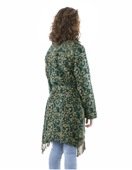 Acrylic breasted and fringed Jacquart jacket with Cachemire print