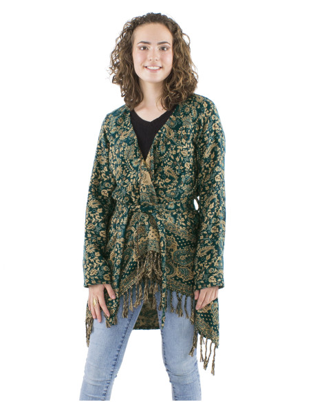 Acrylic breasted and fringed Jacquart jacket with Cachemire print