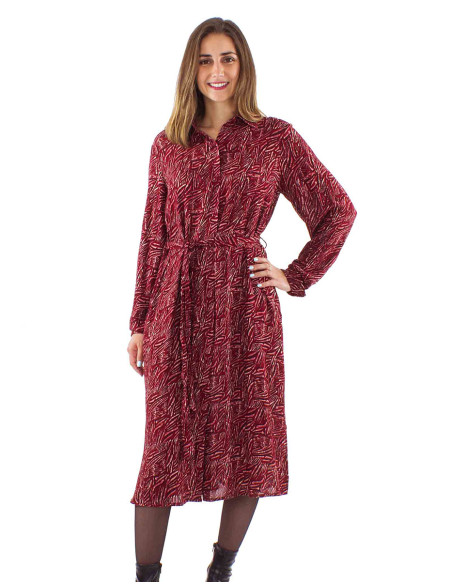 Robe crêpe de viscose boutonnée avec ceinture manches longues imprimé Safari