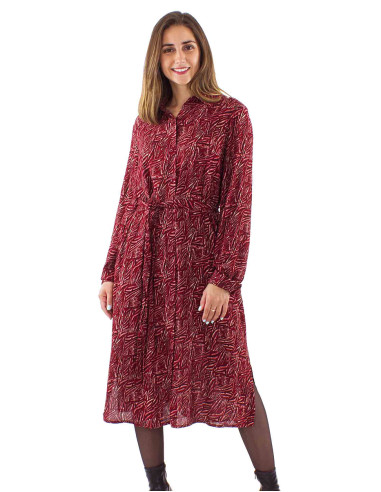 Viscose Crepe buttoned belt dress with long sleeves and Safari print