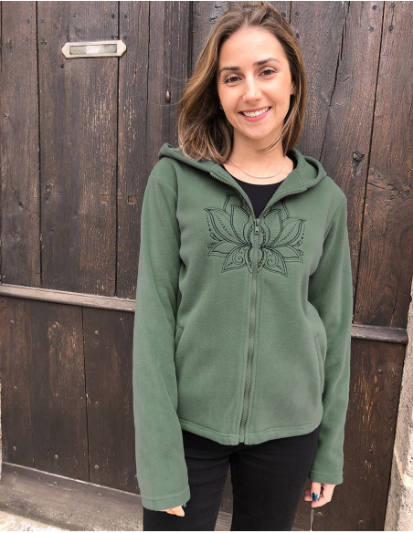 Knitted polar polyester jacket with hood and embroidery rosace