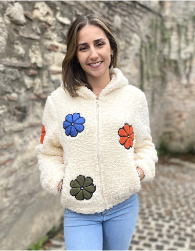 Blouson maille polyester polaire fibre longue fleurs