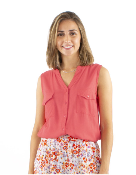 Chemisier viscose uni col mao boutonné sans manches