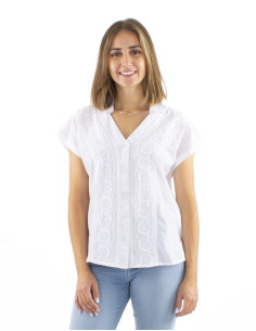 Chemisier coton blanc boutonné dentelle col