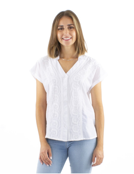 Chemisier coton blanc boutonné dentelle col